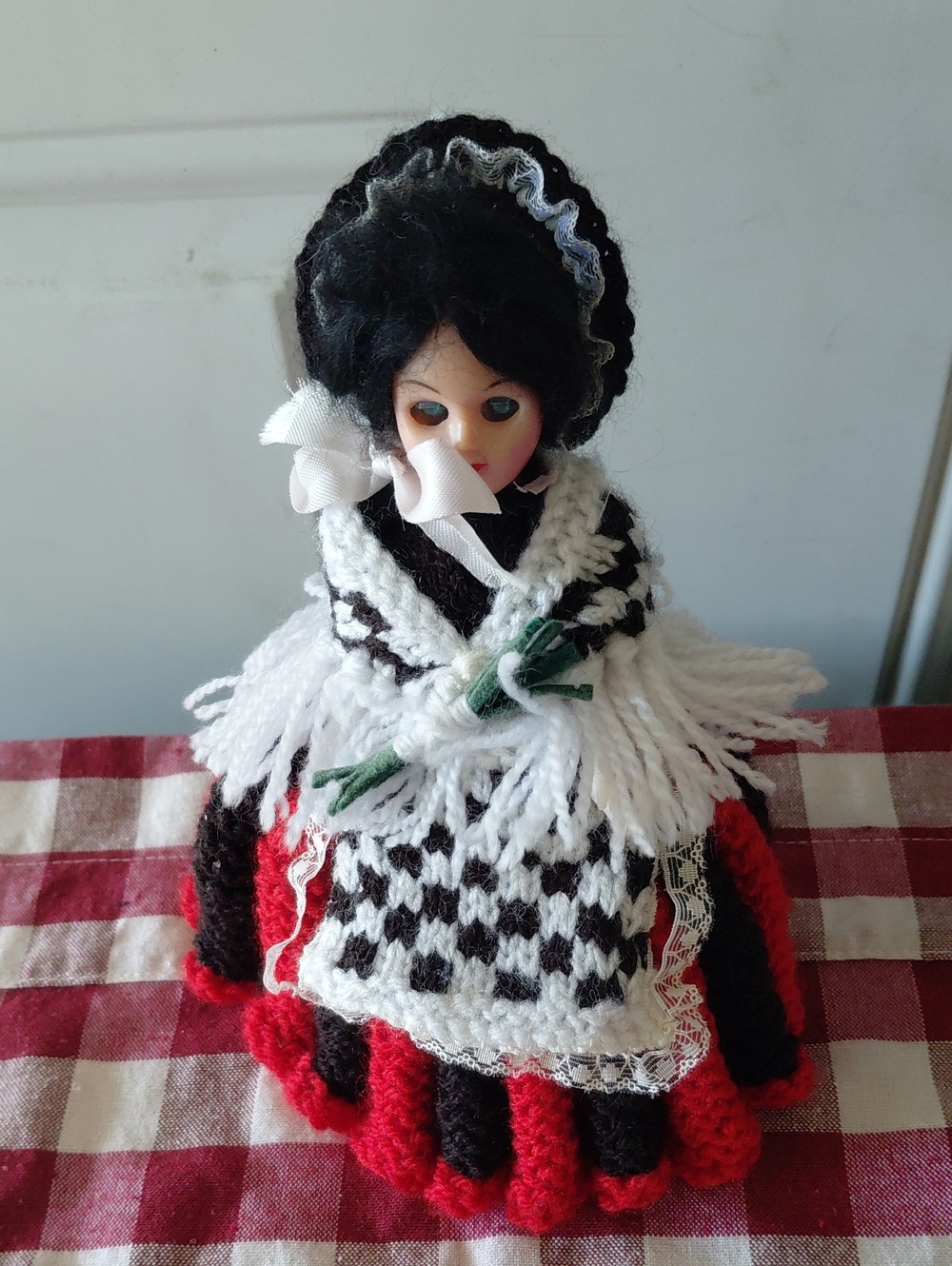 Handmade Crafted Peruvian Folk  Doll with Black Hair and Red-Black Crochet Dress
